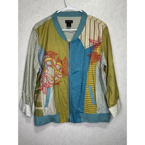 Womens Cardigan Bomber Jacket Mix Media Print Multicolor Print Artsy Boho LARGE - Picture 2 of 11